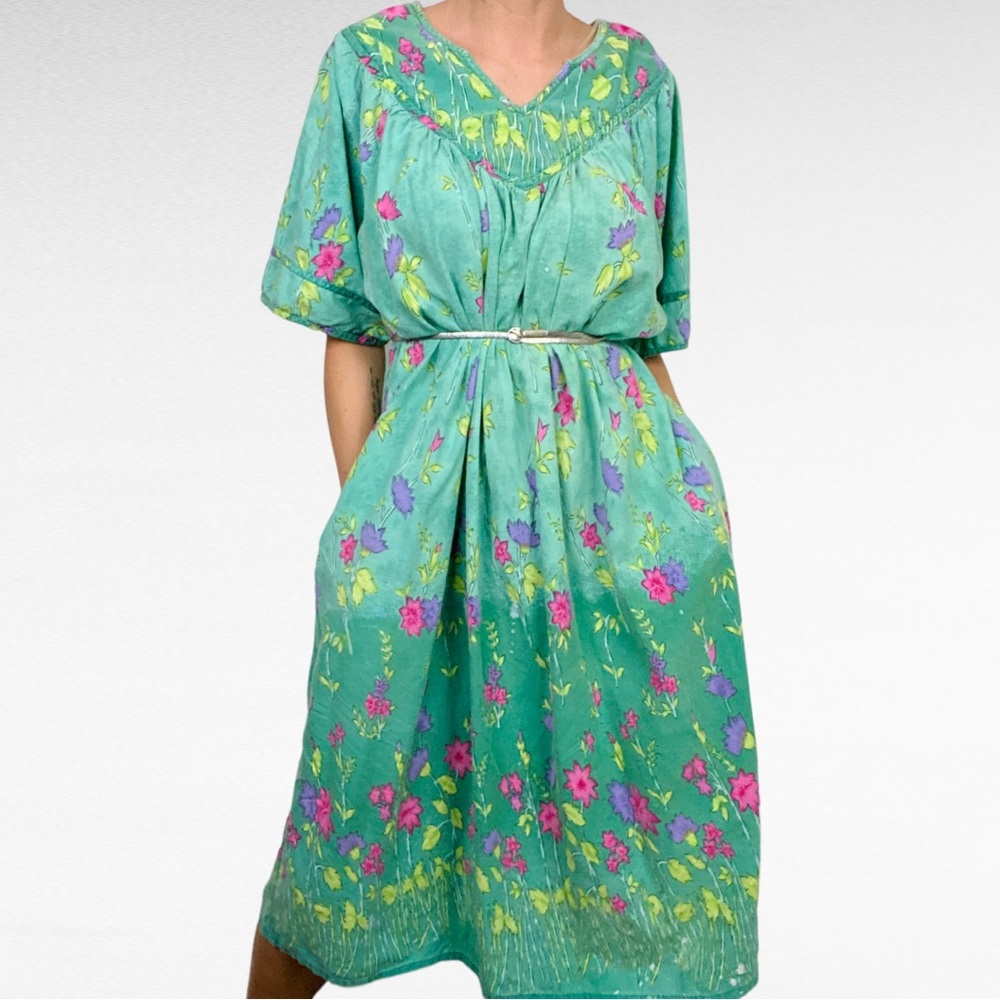 Vintage | Phases Teal Green Ombr Magenta Purple Florals House Dress W/Pockets